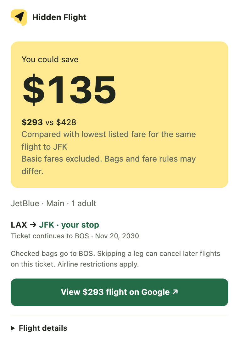The result card: You could save $135, $293 versus $428 compared with the lowest listed fare for the same flight to JFK, LAX to JFK your stop, and a View $293 flight on Google button.