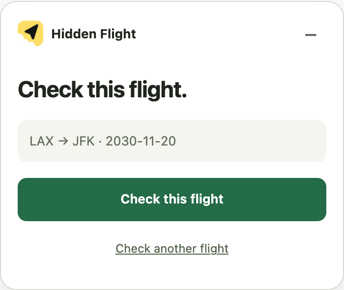 The card on Google Flights after selecting a flight: the selected flight and a Check this flight button.