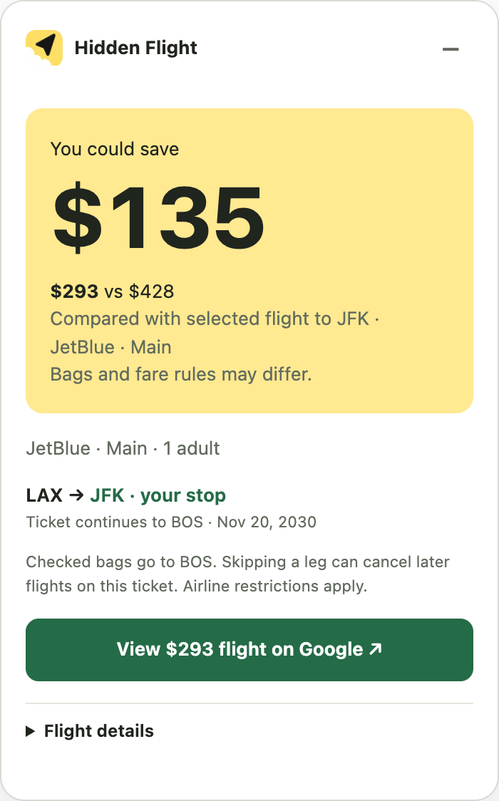 The result on Google Flights: You could save $135, a longer ticket LAX to JFK continuing to BOS at $293 versus $428 for the plain ticket, and a View $293 flight on Google button.