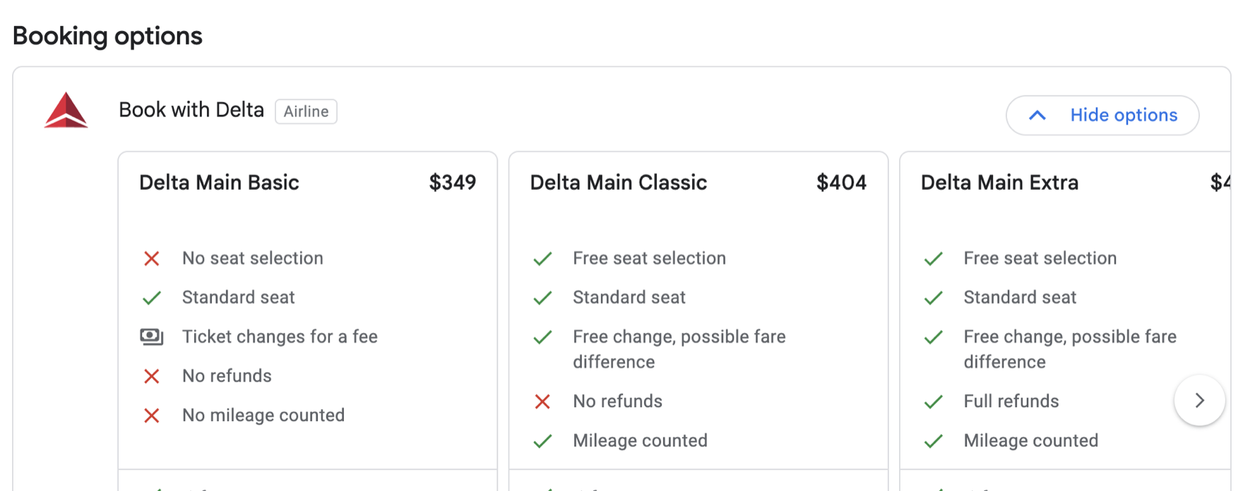 Google Flights booking options for the New York to San Diego itinerary: Book with Delta, Delta Main Basic $349, Delta Main Classic $404.